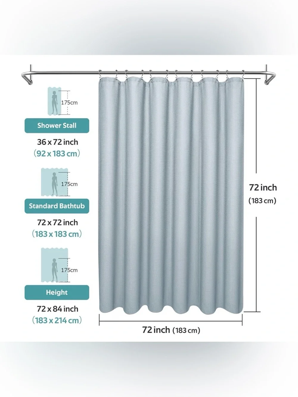 3in1 Waffle Shower Curtain Liner Set Heavyweight Fog Blue 72x72 Inch